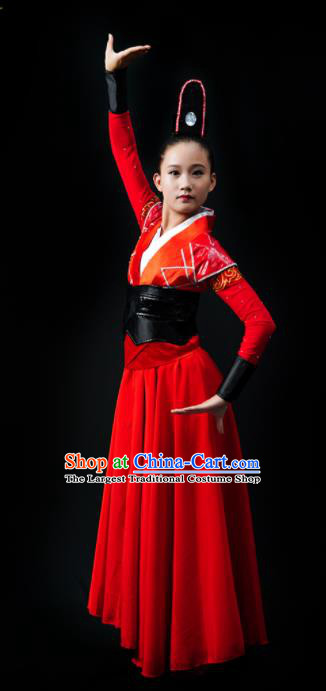 China Girl Kung Fu Performance Clothing Folk Dance Garment Costumes Drum Dance Red Dress Children Swords Dance Outfits