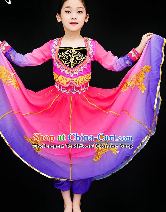 Chinese Uyghur Nationality Stage Performance Pink Dress Outfits Uighur Minority Children Dance Clothing Xinjiang Ethnic Girl Dance Costumes