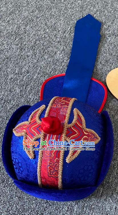 China Mongolian Nationality Male Hair Accessories Mongol Folk Dance Headdress Handmade Ethnic Stage Performance Royalblue Brocade Hat