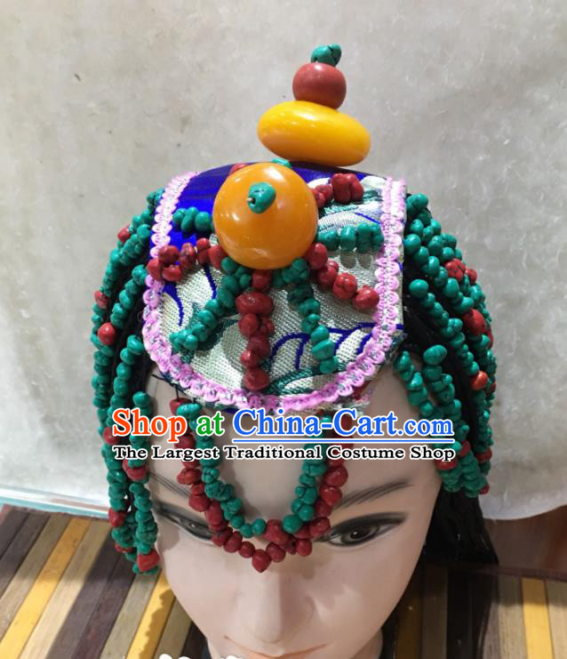 China Tibetan Minority Bride Braids Hairpieces Xizang Ethnic Festival Performance Headdress Zang Nationality Wedding Hair Accessories