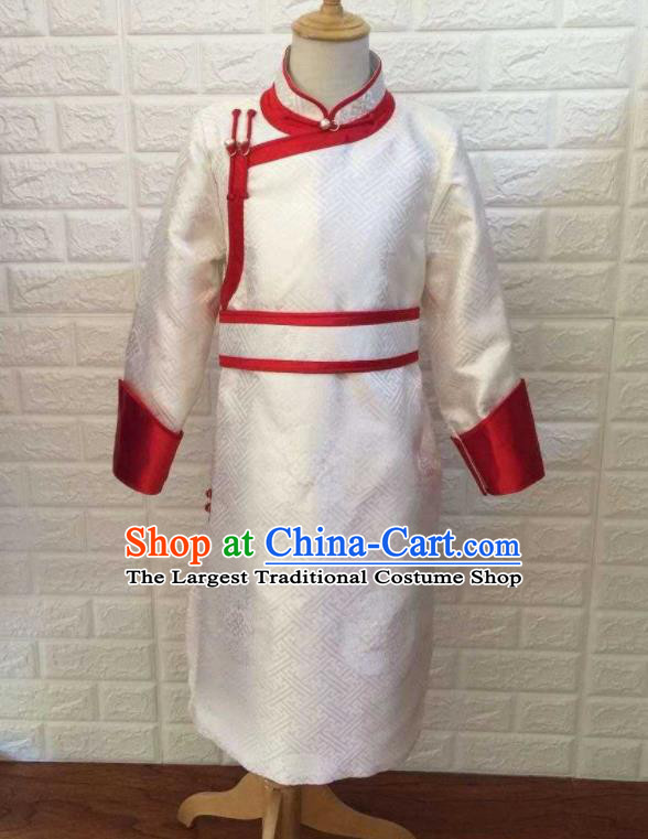 Chinese Ethnic Children Clothing Mongolian Boys Festival Garment Mongol Nationality Stage Performance White Brocade Robe