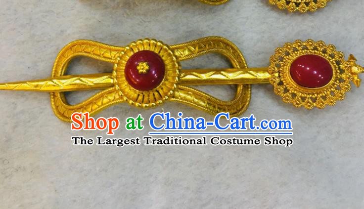 China Zang Nationality Dance Hair Accessories Tibetan Minority Bride Golden Hair Crown Xizang Ethnic Festival Performance Headpieces