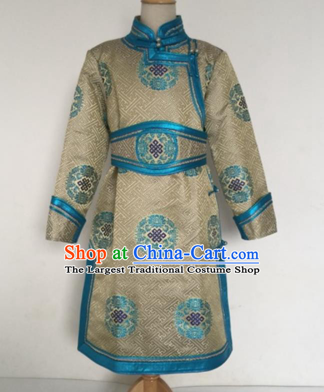 Chinese Mongol Nationality Boys Khaki Brocade Robe Ethnic Children Dance Clothing Mongolian Festival Performance Garment