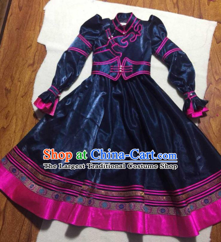 Chinese Ethnic Children Dance Clothing Mongolian Festival Dress Garment Mongol Nationality Girl Navy Brocade Robe