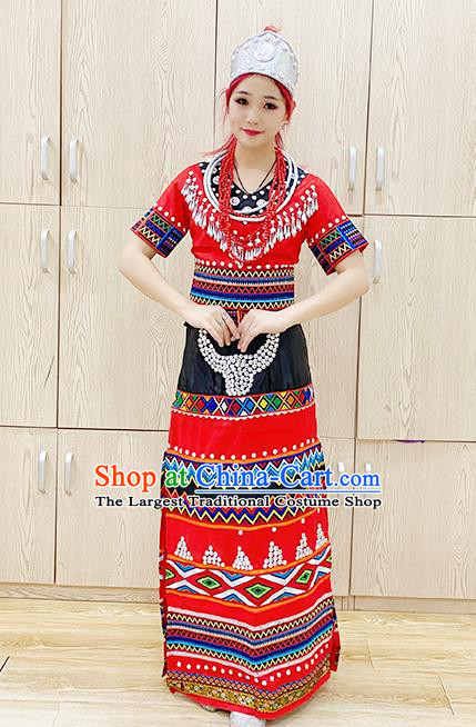 Chinese Traditional Va Nationality Performance Red Dress Outfits Wa Minority Wedding Bride Garment Costumes Xinjiang Ethnic Folk Dance Clothing