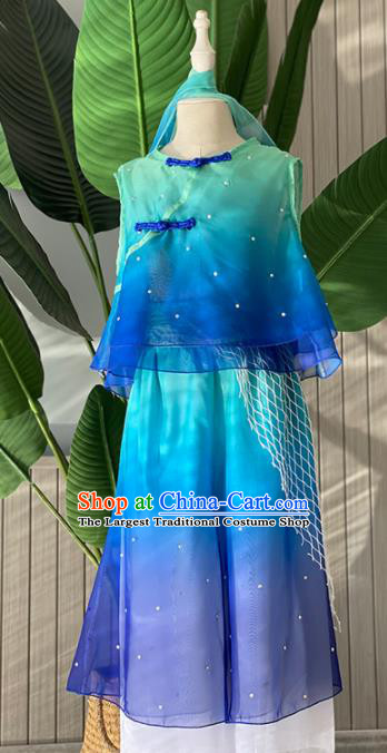 Chinese Children Day Performance Blue Outfits Stage Performance Garments Kids Yangko Dance Costume Fan Dance Clothing