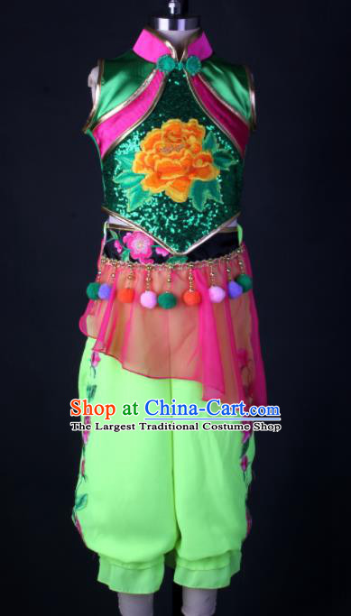 China Folk Dance Garment Costumes Fan Dance Dress Children Yangko Dance Green Outfits Girl Performance Clothing