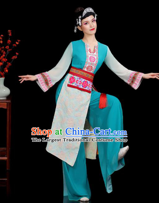 Chinese Yao Minority Country Woman Dance Clothing Ethnic Dance Costumes Yi Nationality Stage Performance Blue Outfits