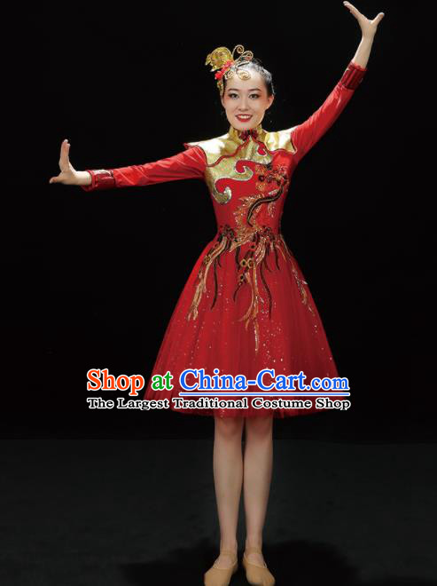 Professional China Stage Performance Costume Women Drum Dance Garments Modern Dance Clothing Spring Festival Gala Opening Dance Red Dress