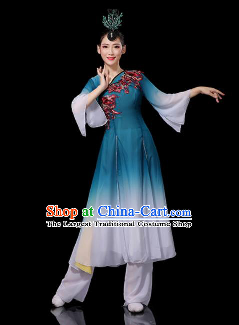 China Fan Dance Blue Outfits Woman Performance Clothing Classical Dance Garment Costumes Umbrella Dance Dress