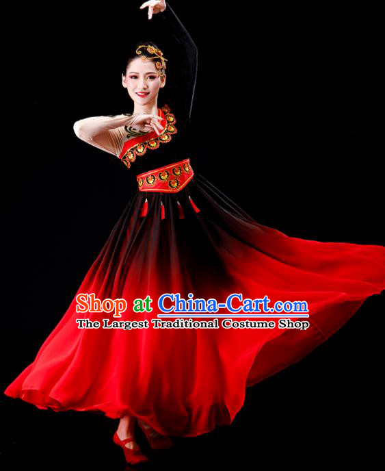 Chinese Xinjiang Ethnic Festival Performance Costumes Uyghur Nationality Dance Red Dress Outfits Uighur Minority Folk Dance Clothing