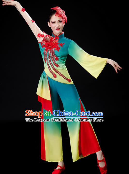 Chinese Yangko Dance Green Outfits Folk Dance Costumes Traditional Umbrella Dance Apparels Women Group Performance Clothing