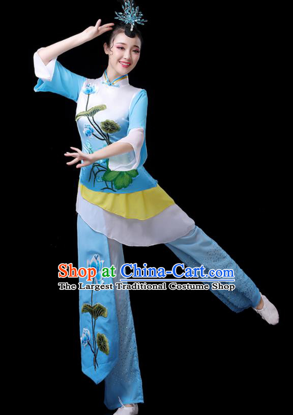 Chinese Women Group Performance Clothing Yangko Dance Blue Outfits Folk Dance Costumes Traditional Lotus Dance Apparels