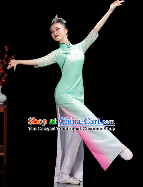 China Jasmine Flower Dance Outfits Woman Performance Clothing Classical Dance Garment Costumes Umbrella Dance Green Qipao Dress