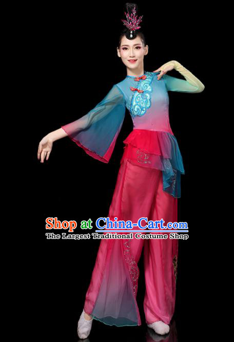 Chinese Female Group Dance Costumes Yangko Performance Apparels Folk Dance Clothing Traditional Fan Dance Rosy Outfits