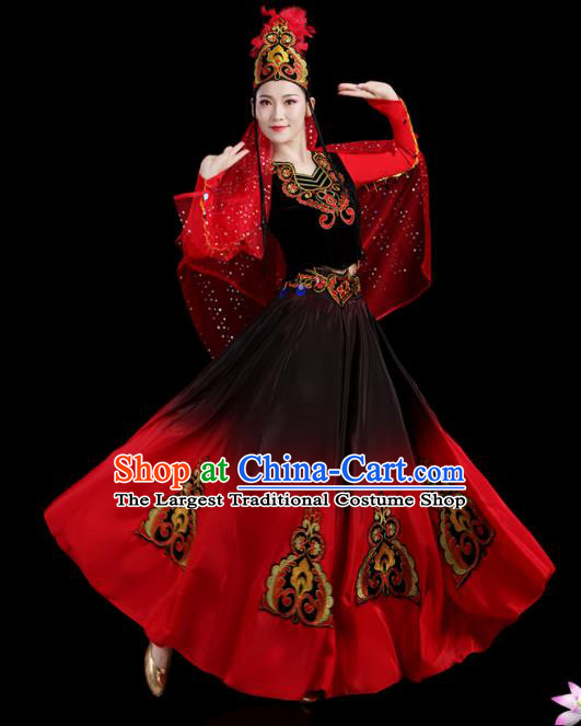 Chinese Uyghur Nationality Stage Performance Red Dress Outfits Uighur Minority Female Dance Clothing Xinjiang Ethnic Festival Costumes