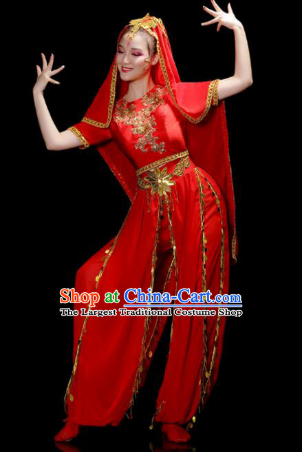 Chinese Xinjiang Minority Folk Dance Clothing Ethnic Festival Performance Costumes Indian Dance Red Dress Outfits