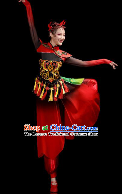 Chinese Women Group Drum Dance Clothing Traditional Fan Dance Red Outfits Folk Dance Costumes Yangko Performance Apparels