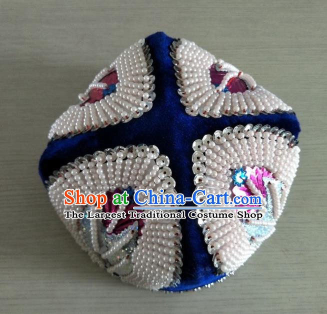 Chinese Ethnic Male Performance Headwear Uyghur Nationality Embroidered White Beads Hat Xinjiang Minority Folk Dance Headdress