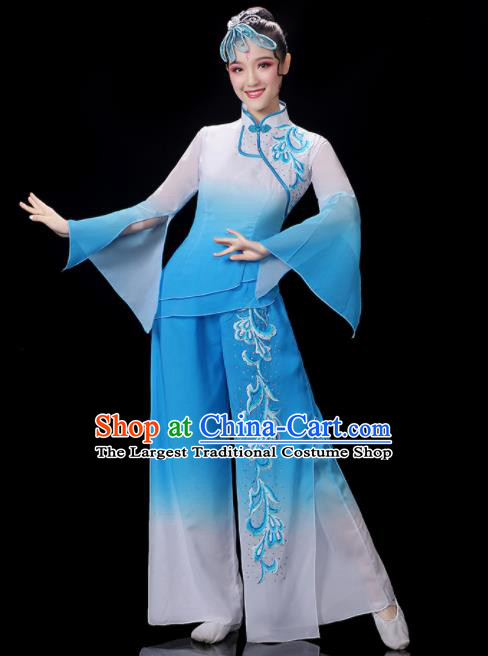 Chinese Women Group Dance Clothing Traditional Fan Dance Blue Outfits Folk Dance Costumes Yangko Dance Performance Apparels