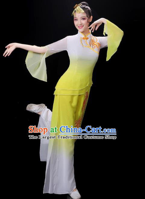 Chinese Folk Dance Costumes Yangko Dance Performance Apparels Women Group Dance Clothing Traditional Fan Dance Yellow Outfits