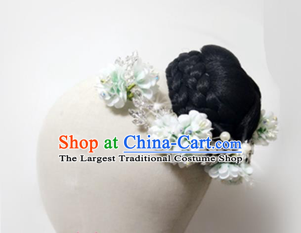 Chinese Women Jasmine Flower Dance Headdress Stage Performance Hairpieces Traditional Umbrella Dance Wigs Chignon Classical Dance Hair Accessories