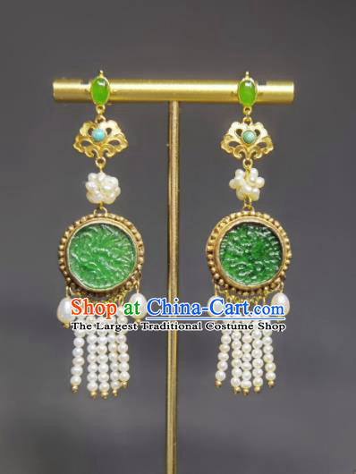 Handmade Chinese Qing Dynasty Pearls Tassel Eardrop Traditional Ear Accessories National Jadeite Earrings Cheongsam Ear Jewelry