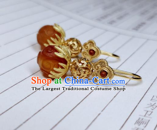 Handmade Chinese Qing Dynasty Palace Eardrop Cheongsam Ear Accessories National Agate Earrings Traditional Golden Gourd Ear Jewelry