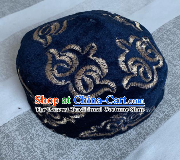 Chinese Ethnic Stage Performance Headwear Kazak Nationality Dance Navy Pleuche Hat Xinjiang Kazakh Minority Male Headdress