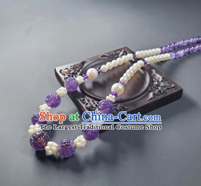 China Handmade Amethyst Jewelry Ancient Palace Lady Necklace Accessories Qing Dynasty Empress Pearls Necklet