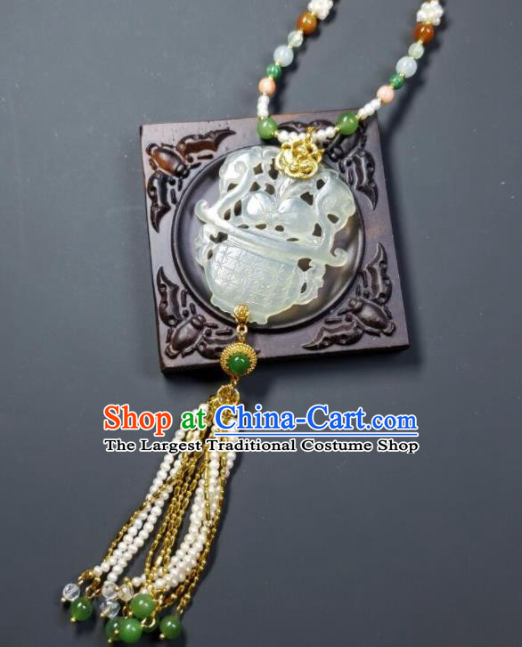 China Qing Dynasty Empress Pearls Tassel Necklet Handmade Jade Carving Flower Basket Jewelry Ancient Palace Lady Necklace Accessories