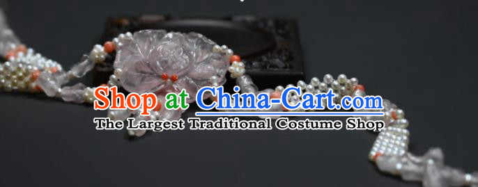 China Handmade Rose Quartz Carving Peony Jewelry Ancient Princess Necklace Accessories Qing Dynasty Palace Lady Pearls Necklet