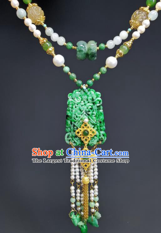 China Qing Dynasty Empress Pearls Tassel Necklet Handmade Jadeite Carving Jewelry Ancient Princess Necklace Accessories