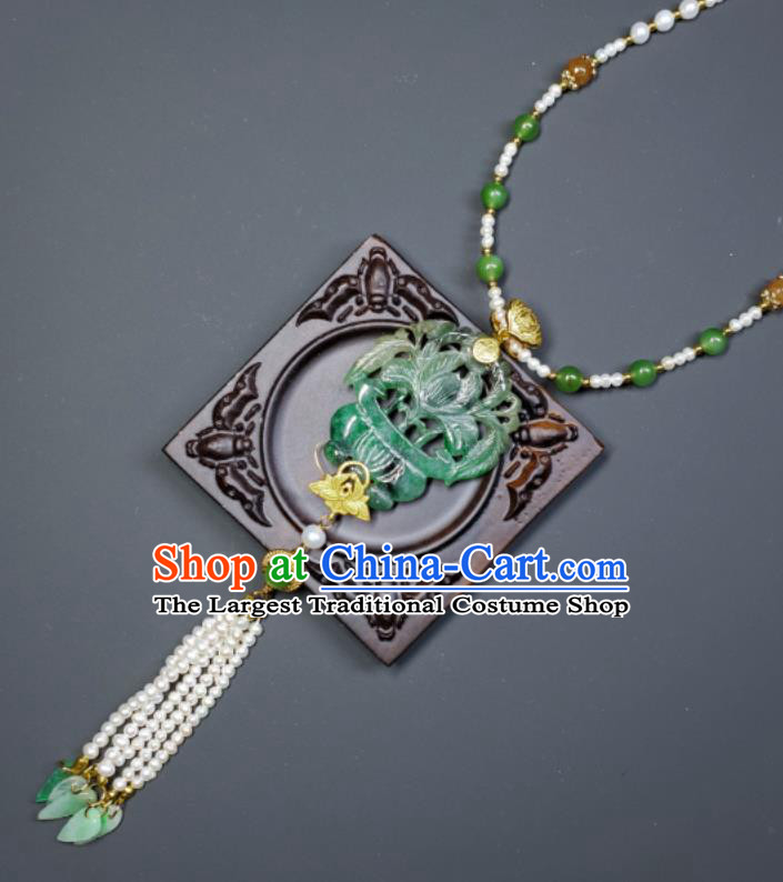 China Ancient Imperial Consort Necklace Accessories Qing Dynasty Empress Pearls Tassel Necklet Handmade Jadeite Carving Flower Basket Jewelry