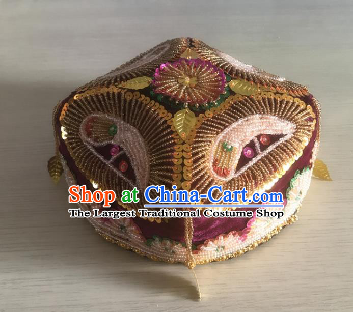 China Uighur Minority Stage Performance Sequins Headdress Xinjiang Ethnic Female Purple Hat Uyghur Nationality Dance Headwear