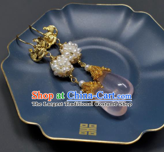 Handmade Chinese Traditional Cheongsam Ear Jewelry Qing Dynasty Eardrop Golden Bat Ear Accessories National Pearls Earrings