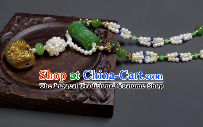 China Handmade Golden Longevity Lock Jewelry Ancient Imperial Consort Jade Necklace Accessories Qing Dynasty Empress Pearls Necklet