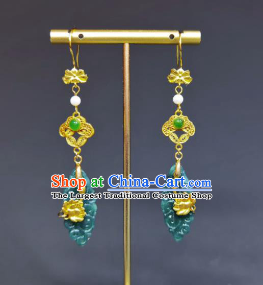 Handmade Chinese National Jadeite Earrings Cheongsam Ear Jewelry Golden Lotus Eardrop Traditional Silver Ear Accessories