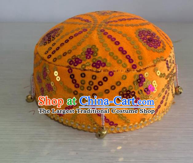 Chinese Uyghur Nationality Dance Yellow Hat Uighur Minority Performance Sequins Headdress Xinjiang Ethnic Male Headpiece