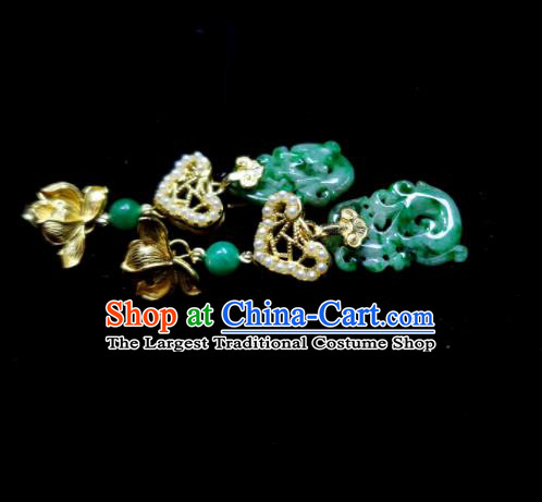 Handmade Chinese Qing Dynasty Court Woman Eardrop Cheongsam Ear Accessories National Jade Carving Dragon Earrings Traditional Lotus Ear Jewelry