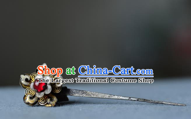 Chinese Traditional Ruby Hair Accessories Handmade Qing Dynasty Court Woman Hair Stick Ancient Palace Lady Silver Hairpin