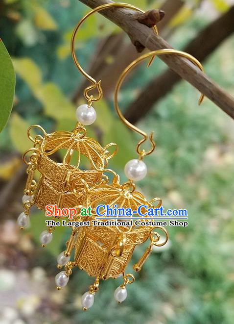 Handmade Chinese Qing Dynasty Empress Ear Accessories National Golden Lantern Earrings Traditional Pearls Eardrop Cheongsam Ear Jewelry