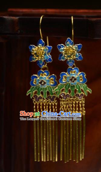 Handmade Chinese Traditional Blueing Flowers Eardrop Cheongsam Ear Jewelry Qing Dynasty Court Ear Accessories National Golden Tassel Earrings