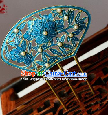 Chinese Ancient Court Woman Pearls Hairpin Traditional Cloisonne Hair Crown Headpiece Handmade Qing Dynasty Empress Hair Comb