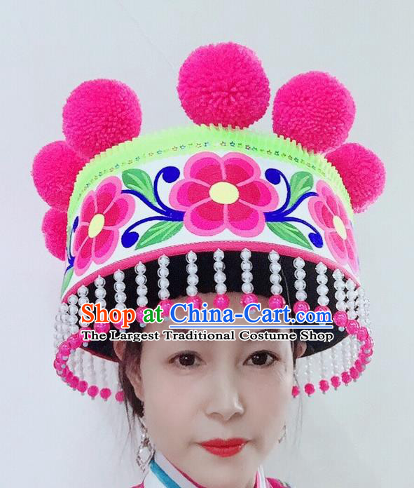 China Ethnic Woman White Hat Yi Nationality Dance Embroidered Headwear Yunnan Minority Stage Performance Headdress