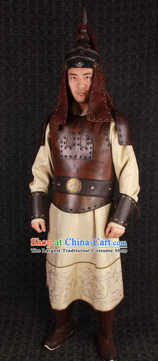 China Ancient General Garment Costumes Traditional Military Officer Clothing Qin Dynasty Soldier Brown Armor Uniforms and Helmet