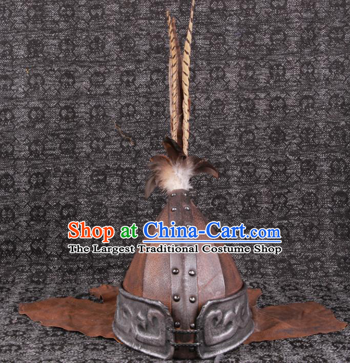 Chinese Yuan Dynasty Warrior Hat Ancient General Brown Helmet Traditional Drama Soldier Headwear