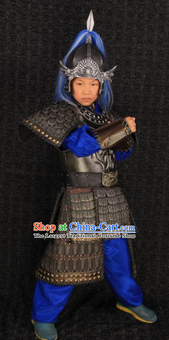 China Ancient Children Warrior Garment Costumes Traditional Drama Kid Soldier Black Armor Clothing Han Dynasty General Uniforms and Headdress