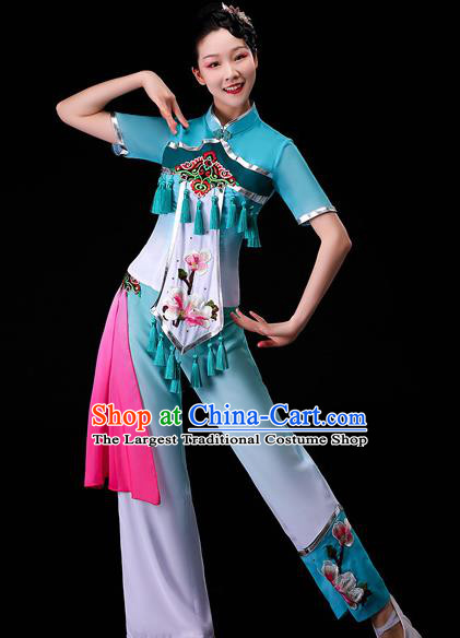 Chinese Traditional Fan Dance Garment Costumes Yangko Square Performance Clothing Yangge Dance Apparels Folk Dance Blue Uniforms