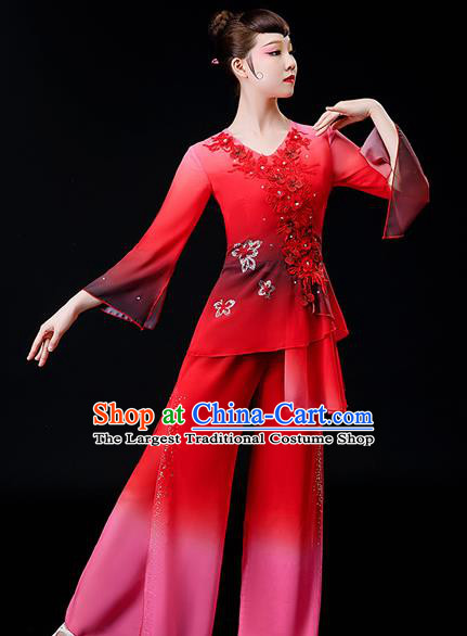 Chinese Folk Dance Red Chiffon Uniforms Traditional Fan Dance Garment Costumes Yangko Dance Clothing Women Square Performance Apparels